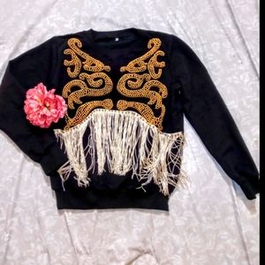 Black gold tassel embellished sweatshirt small